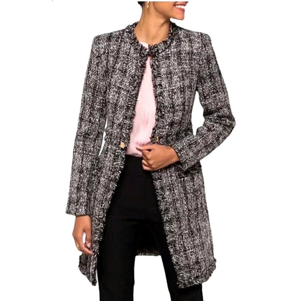 NWT DKNY Womens Petites Topper Tweed Collarless Blazer Black, 10P